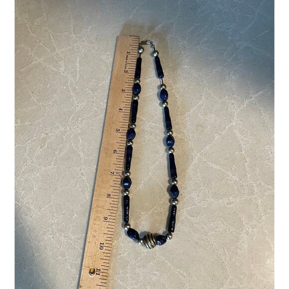 vintage cobalt blue and silver beaded necklace screw on back statement piece - Picture 5 of 12